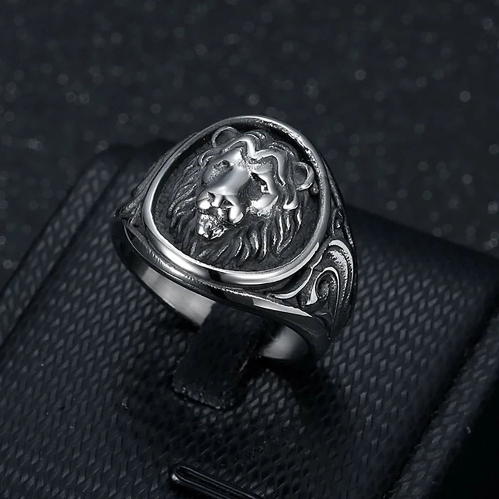 Vintage 316L Stainless Steel Animal Lion Pattern Rings For Men Women Punk Fashion Lion Head Ring Party Jewelry Gift