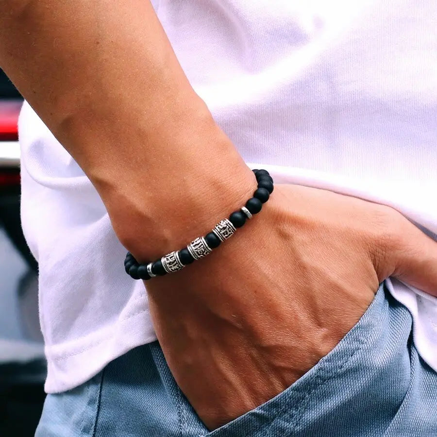 Vintage Mens Bracelet Beaded Om Mani Padme Hum Mantra Braslet Viking Jewelry Accessories Natural Lava Tiger Eyes Stone