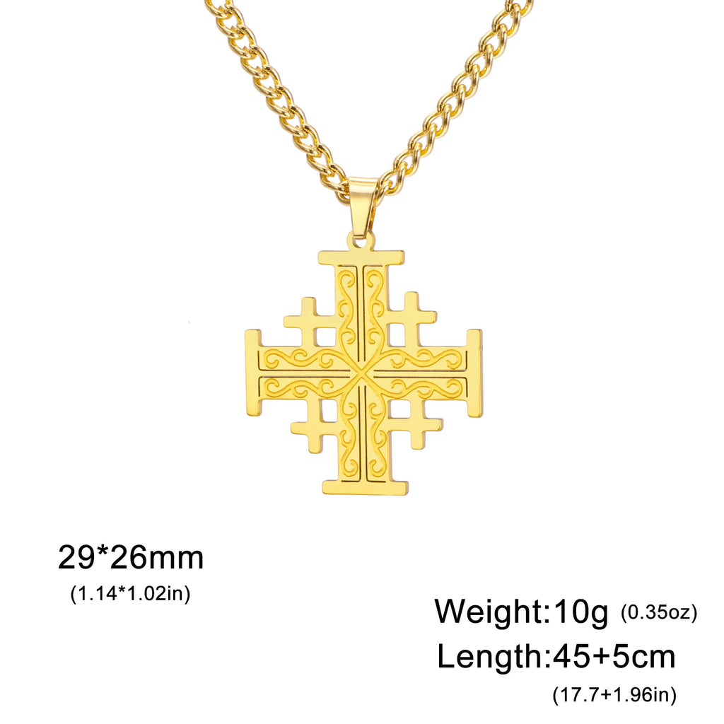 Jerusalem Crusader Cross Necklace — Five-Fold, Stainless Steel