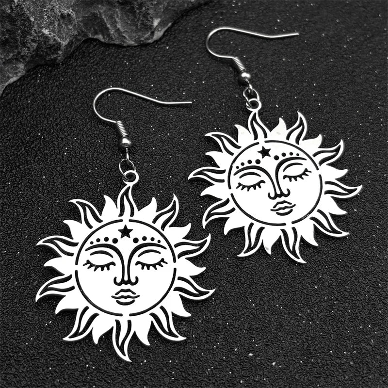 Star Moon Silver Earrings Gothic Sun Face Pentagram