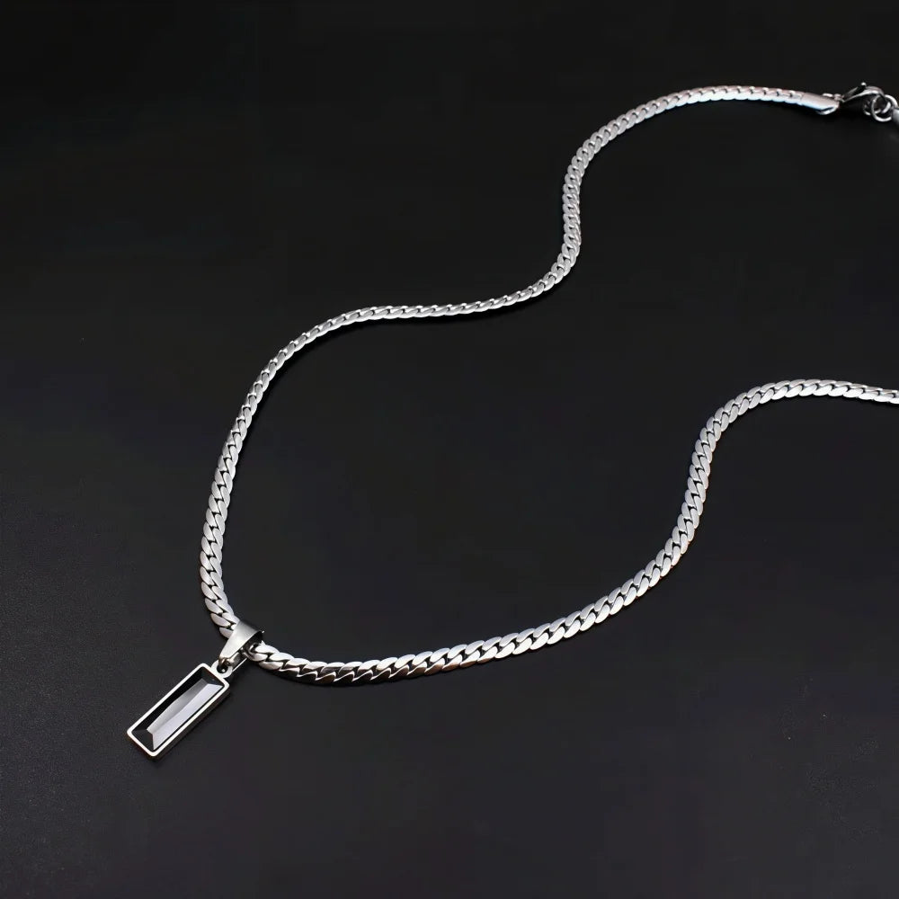 Hip Hop Men Black Square Crystal Pendant Necklace Retro Stainless Steel Flat Chain Jewelry Fashion Accessories