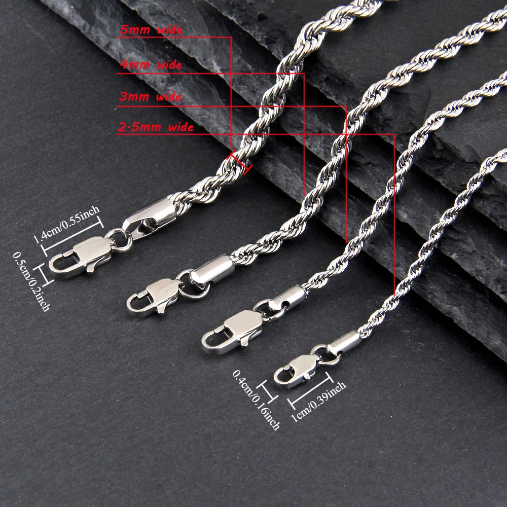 304 Stainless Steel Twist Rope Chain Necklace for Men Women PVD Silver Plated 2mm/2.5mm/3mm/4mm/5mm Width Accessories