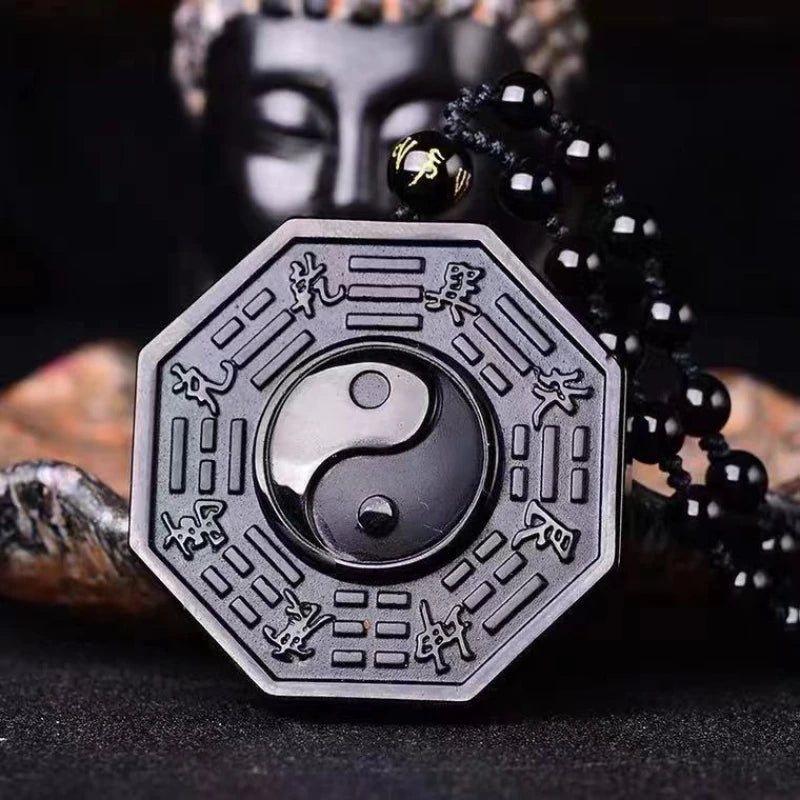 Obsidian Yin Yang Necklace Black Gemstone Amulet Protection Pendant With Adjustable Bead Chain Chinese Feng Shui