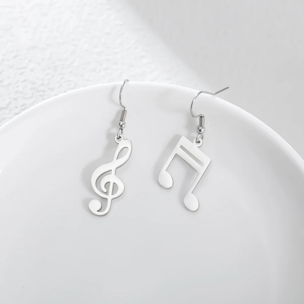 Music Note Drop Earrings for Women — Asymmetric Stainless Steel