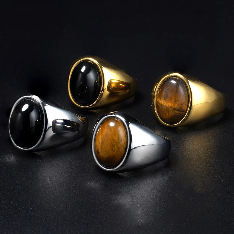 Stone Inlay Ring — Black Gold Silver, 316L Stainless Steel
