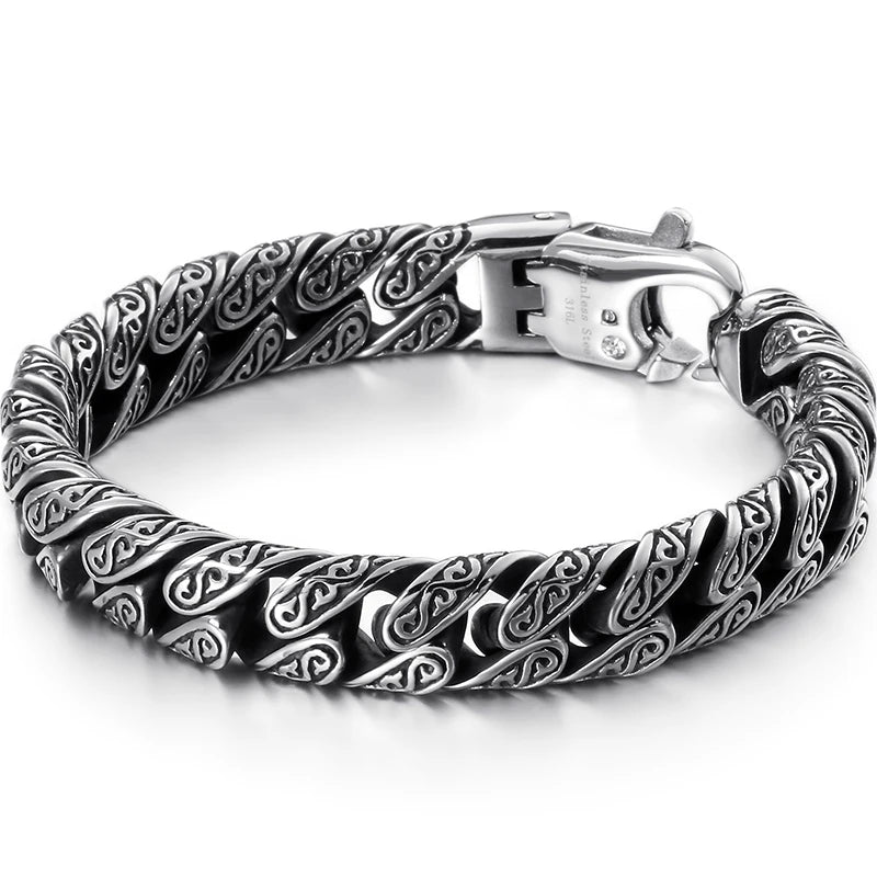 Man Bracelet Homme 12MM Wide Stainless Steel Curb Chain Charm Bracelets On Hand Bands for Men Vintage Mens Jewellery