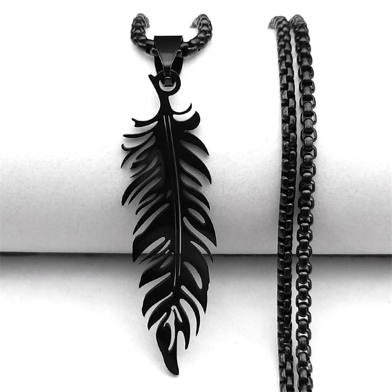 Men's Stainless Steel Feather Pendant Necklace Trendy Fashion Hip Hop Punk Jewelry Accessories Gift For Best Friend