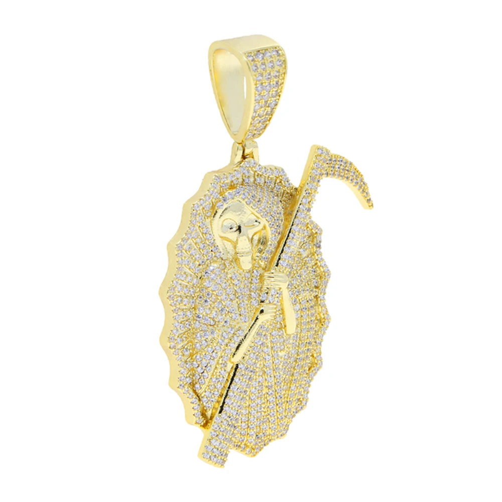 2023 New Grim Reaper Death Pendant Necklace Iced Out Bling Gold Color CZ The King Of Terrors Charm Men Women Hip Hop