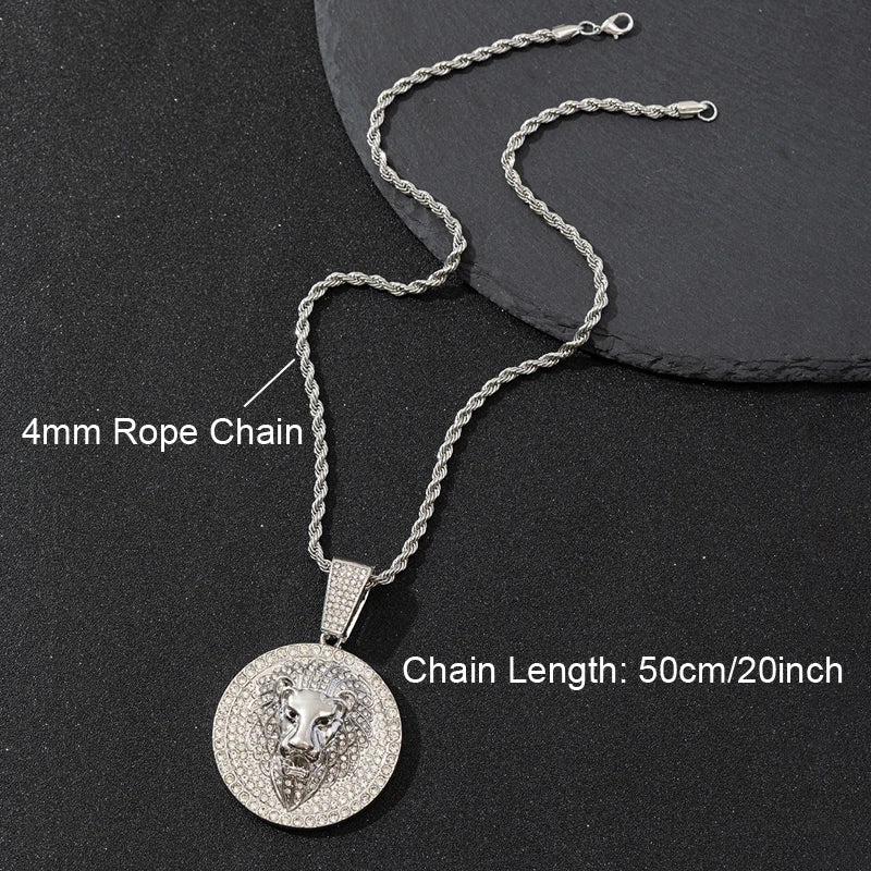 Hip Hop Big Lion Head Pendant Necklace Cuban Chain Necklace For Women Men Iced Out Full Rhinestone Necklace Jewelry