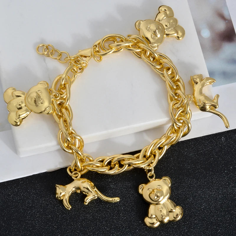 Diana Baby Link Chain Copper Gold Color Bear and Lock Bracelets for Women Wholesale Retail Fashion Jewelry Party