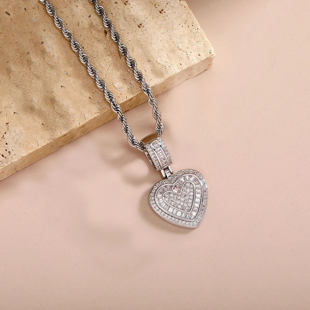 Gold Iced Out Heart Pendant Rope Chain Necklace