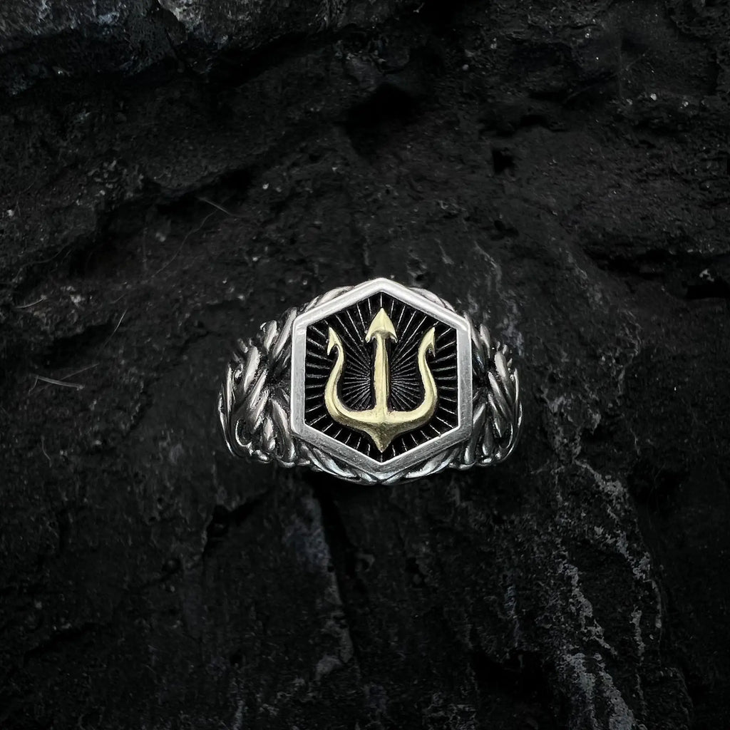 Poseidon Trident Adjustable Open Ring — Gold-Tone