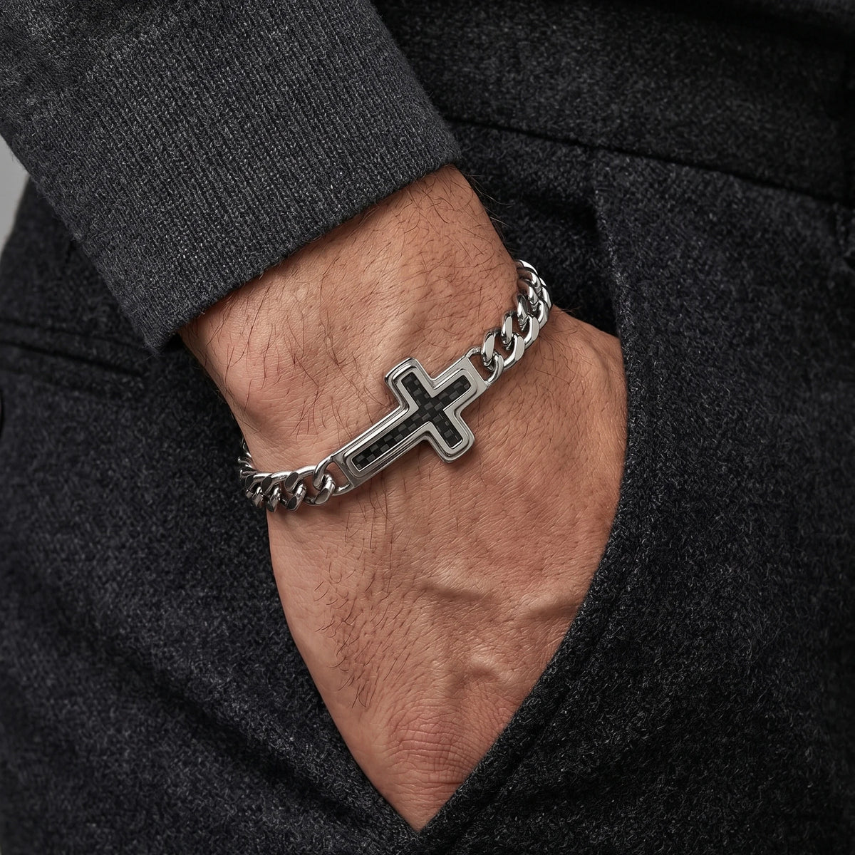 Cross Cuban Link Bracelet for Men Adjustable Stainless Steel Hip Hop Punk Religious Faith Jewelry Gift for Daily Wear