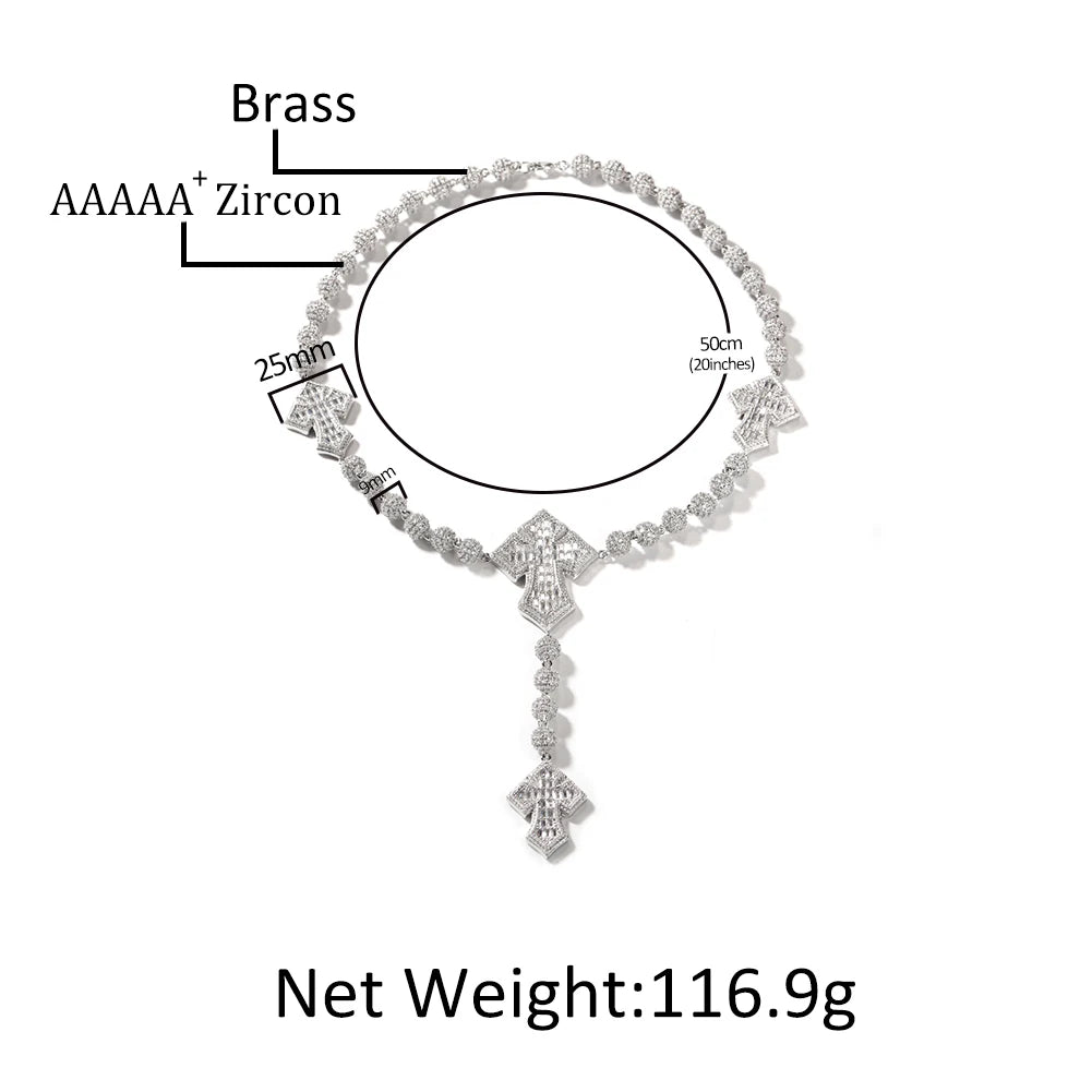 Uwin Bead Chain With 4 Corss Full Paved Iced Out Bling New In Cubic Zirconia HipHop Jewelry