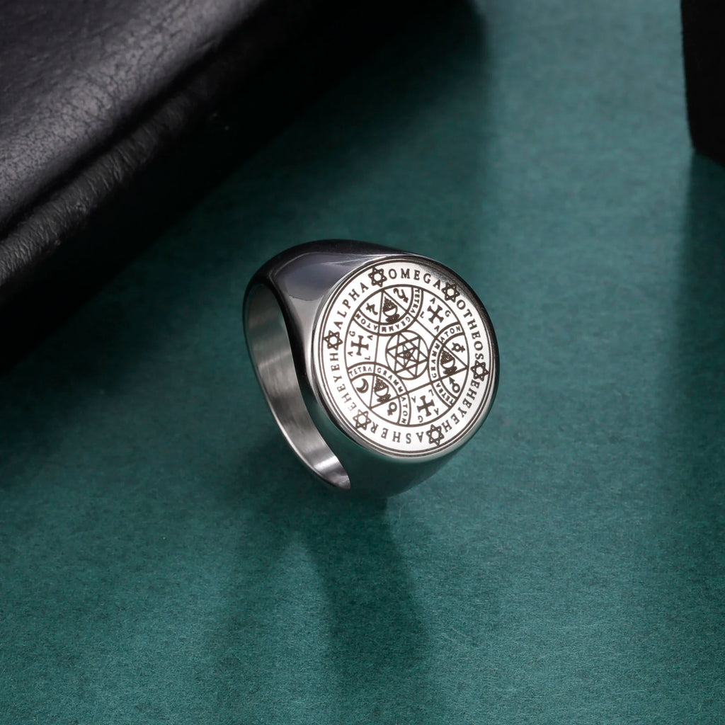 LIKGREAT Tetragrammaton Amulet Stainless Steel Men Rings Enochian Angel Magic Finger Ring AGLA Talisman Vintage Jewelry Gift