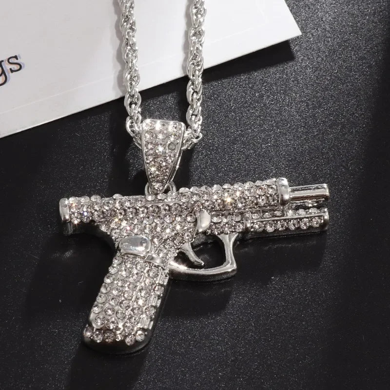 Fine Rifle Pistol Desert Eagle Pendant Luxury Gold Plated Full Ice Crystal Zirconia Necklace Gift for Men and Women