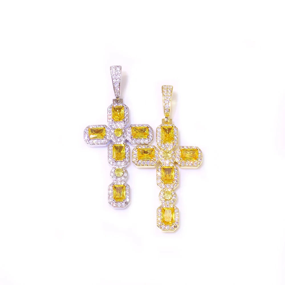 Cross Pendant Necklace Iced Out Yellow CZ