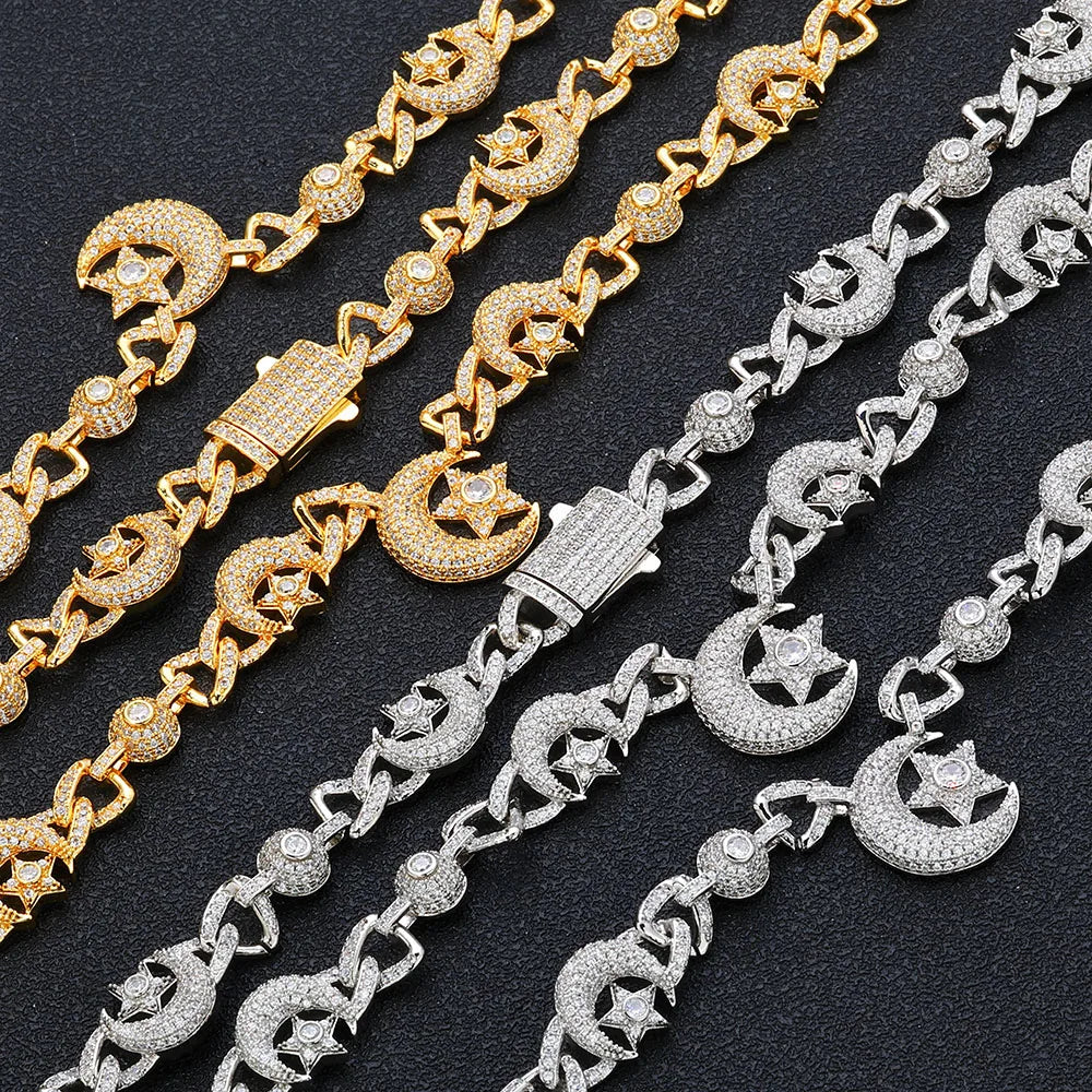 Iced Out Star Cuban Chain Necklace Moon CZ