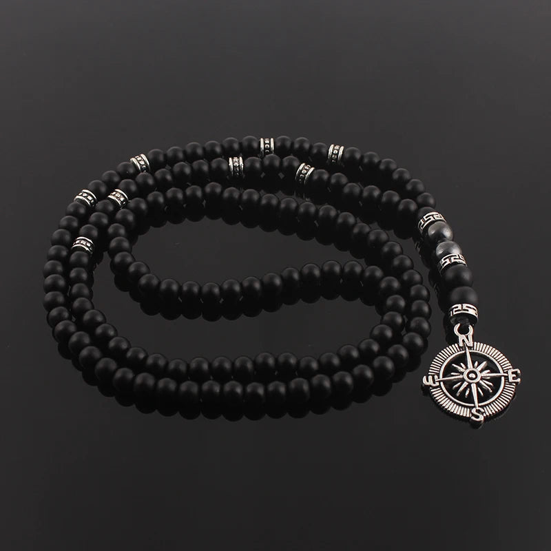 Matte Black Beaded Compass Pendant Necklace 6mm — Zinc Alloy