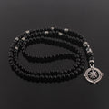 Matte Black Beaded Compass Pendant Necklace 6mm — Zinc Alloy