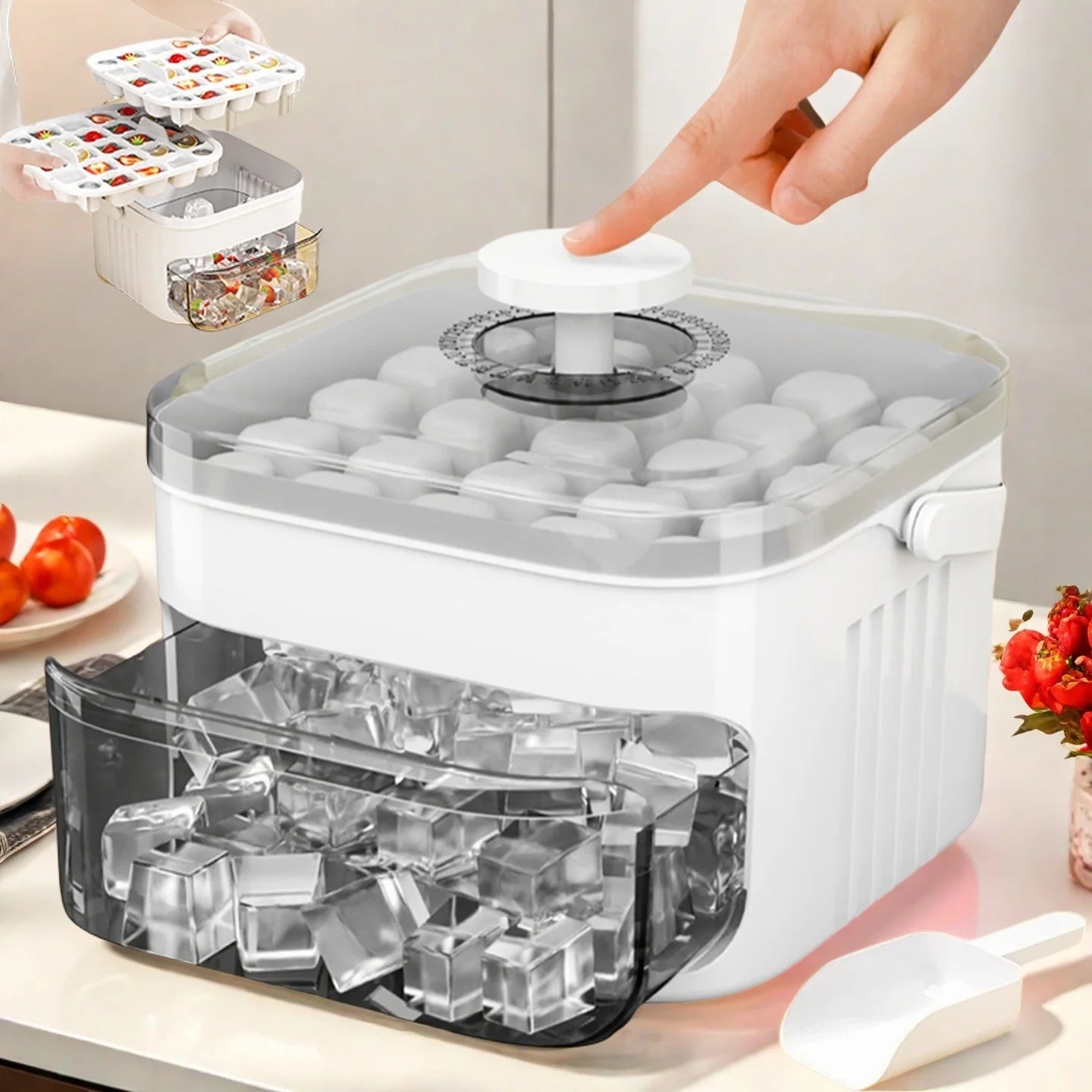 Compact Double Layer Ice Cube Tray with Lid and Bin, Pull-Out Ice Drawer with Portable Handle, Kitchen Accessories