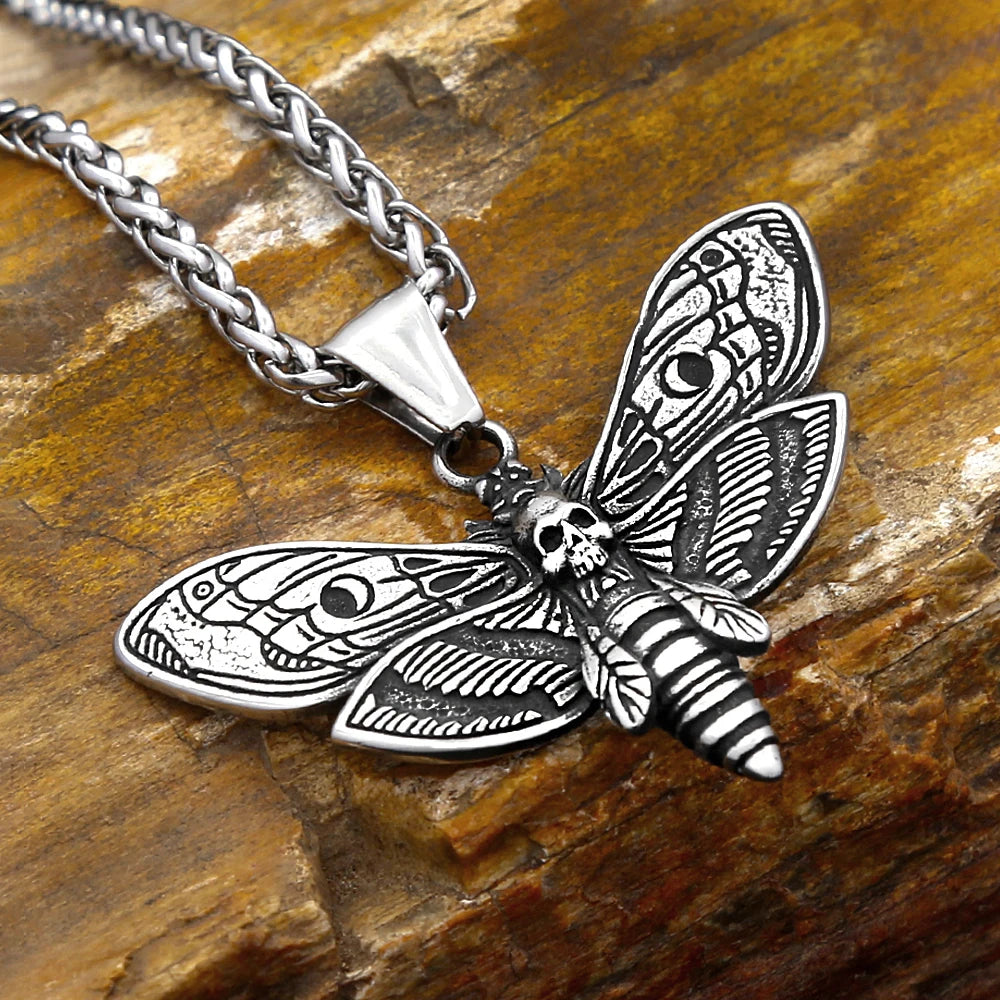 Death Head Moth Skull Pendant Necklace For Men Stainless Steel Gothic Punk Jewelry Halloween Animal Theme Collar Chain Gifts