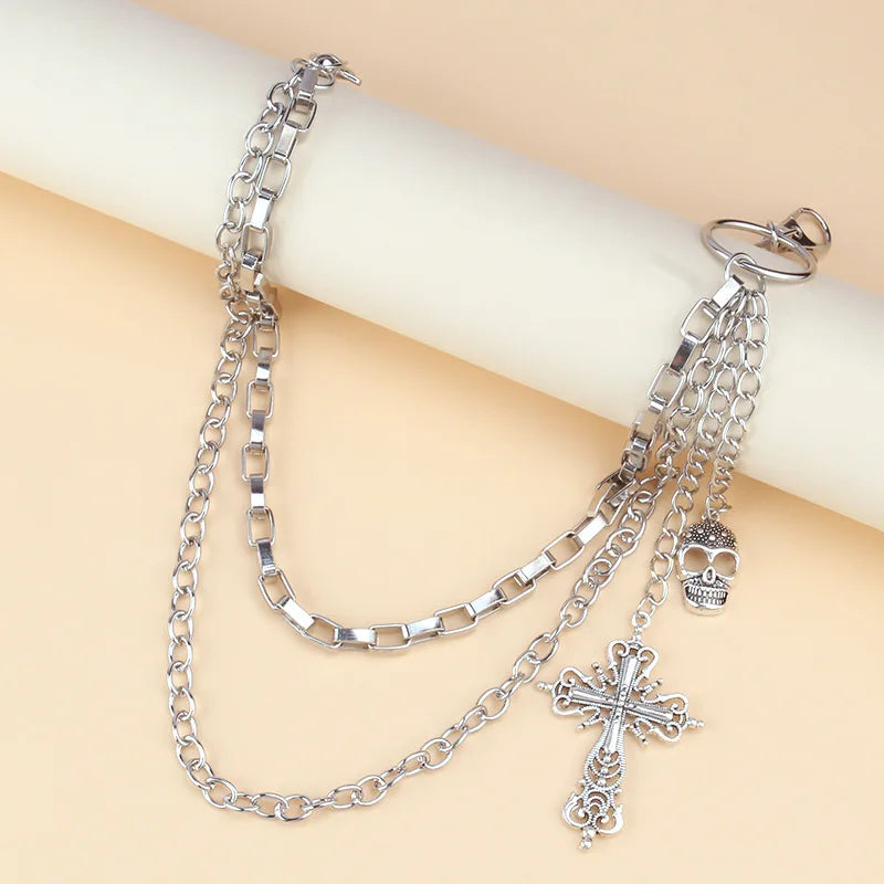 Multi‑Layer Pants Chain With Skull Cross Pendant Unisex Metal Waist Chain Gothic Punk Jeans Hanging Fashion Decor