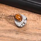 Tiger Eye Stone Oval Ring — Stainless Steel