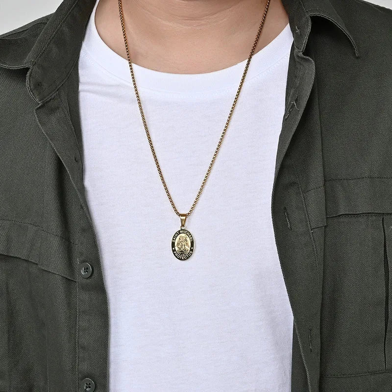Medal San Miguel Arcanjo Archangel Necklaces Stainless Steel Chain Necklace Saint Michael Pendant Necklace Lucky