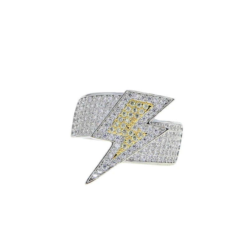 Iced Out Lightning Bolt Ring Cubic Zirconia — Two-Tone