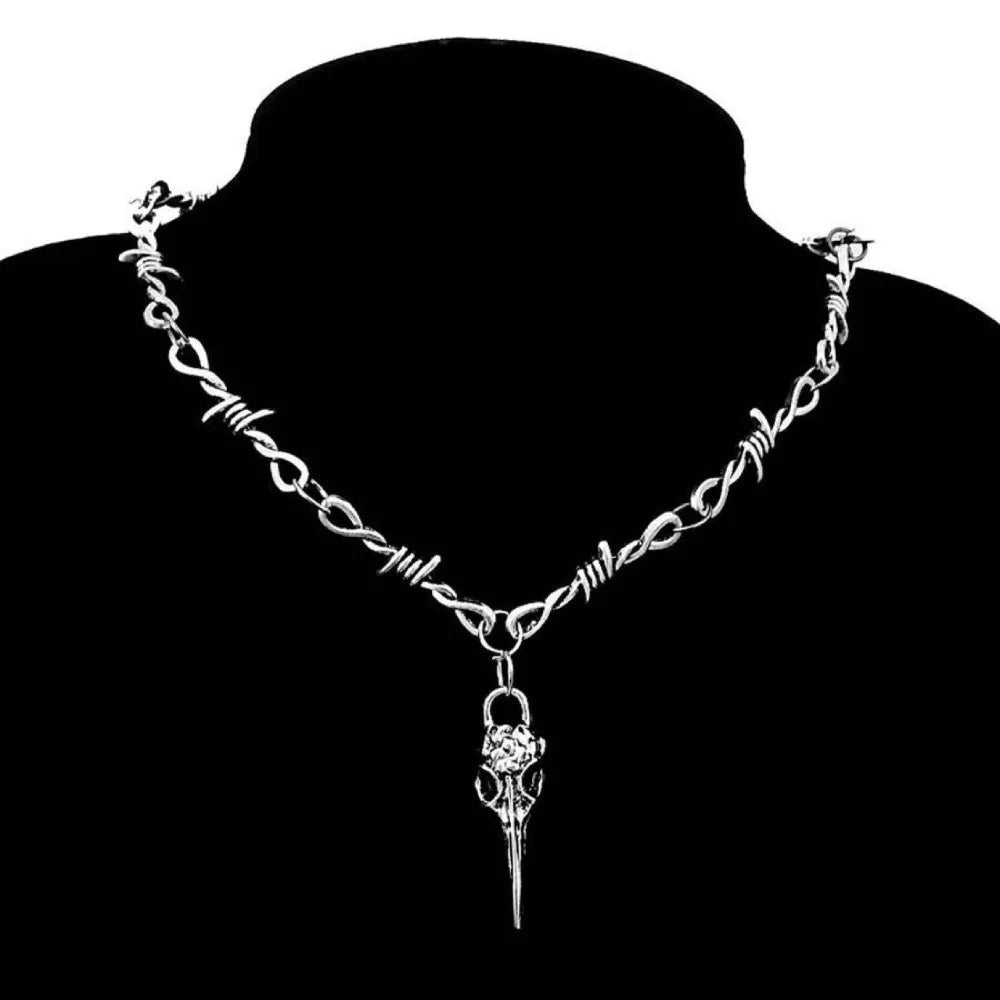 Fashion Hip-hop Sliver Color Flame Cross Crow Skull Pendant Necklace for Women Men Couple Gothic Halloween Party Jewelry Gifts