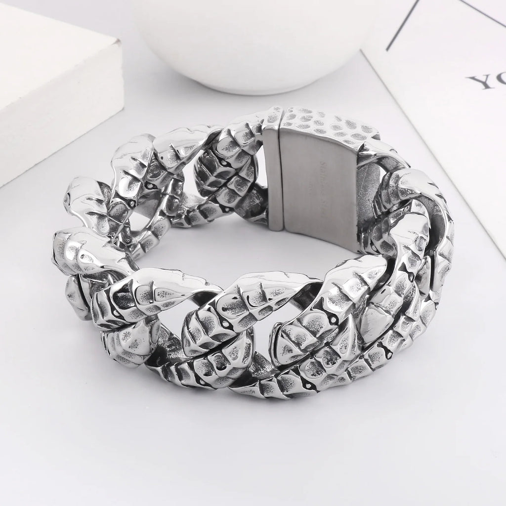 30mm Stainless Steel Dragon Heavy Curb Bracelet for Men Vintage Foundry Armor Tapping Pattern Cuban Male Bangle Jewelry