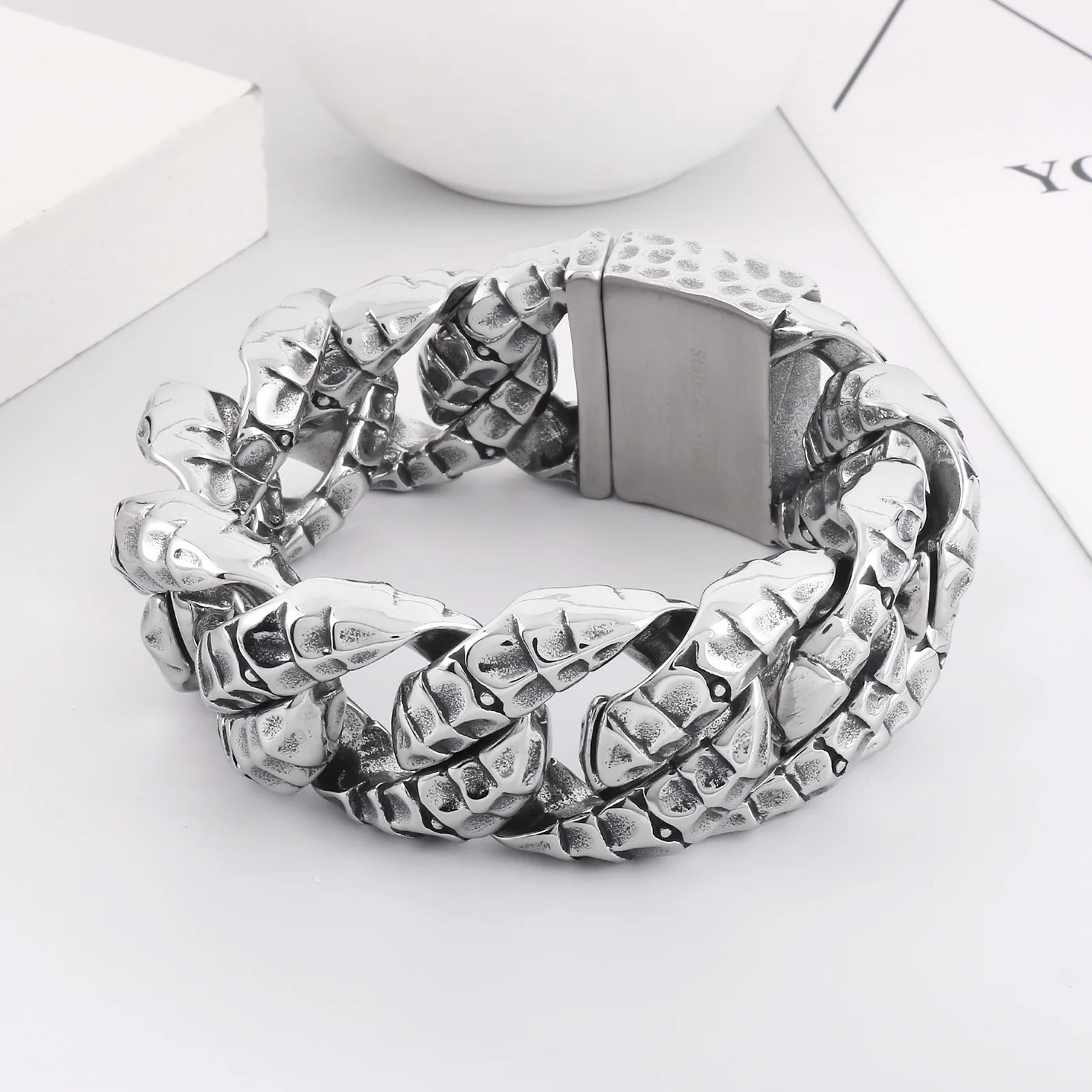 30mm Stainless Steel Dragon Heavy Curb Bracelet for Men Vintage Foundry Armor Tapping Pattern Cuban Male Bangle Jewelry
