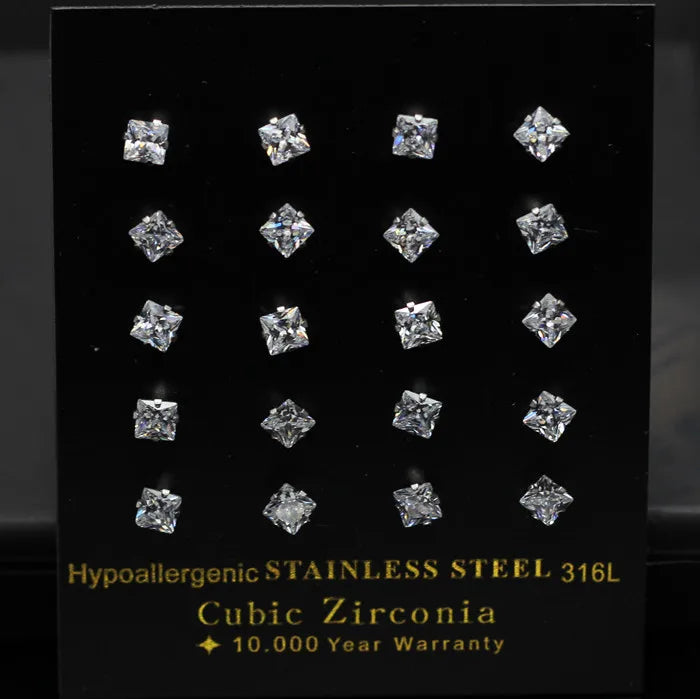 LUXUKISSKIDS Brilliant Square Stud Earrings 10pairs/Lot Novel Clearly Large 3A Cubic Zirconia Stainless Steel Wholesale