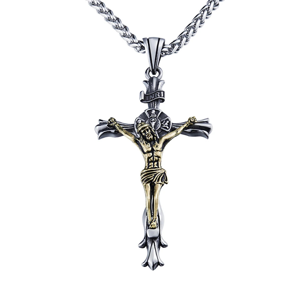 New Vintage Jesus Cross Pendant Necklace For Men Stainless Steel Punk Cross Religious Necklaces Fashion Amulet Jewelry
