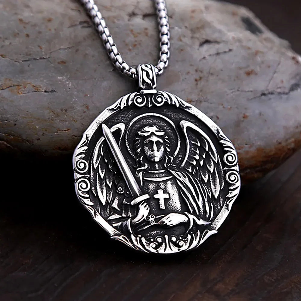 Saint Michael Archangel Cross Pendant Stainless Steel Vintage Classic Archangel Amulet Necklace For Men Women Fashion Jewelry