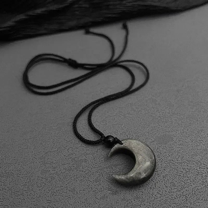 Lucky Crescent Moon Crystal Necklace Natural Stone Pendant Black Obsidian Opal Rope Wrap Necklace Adjustable