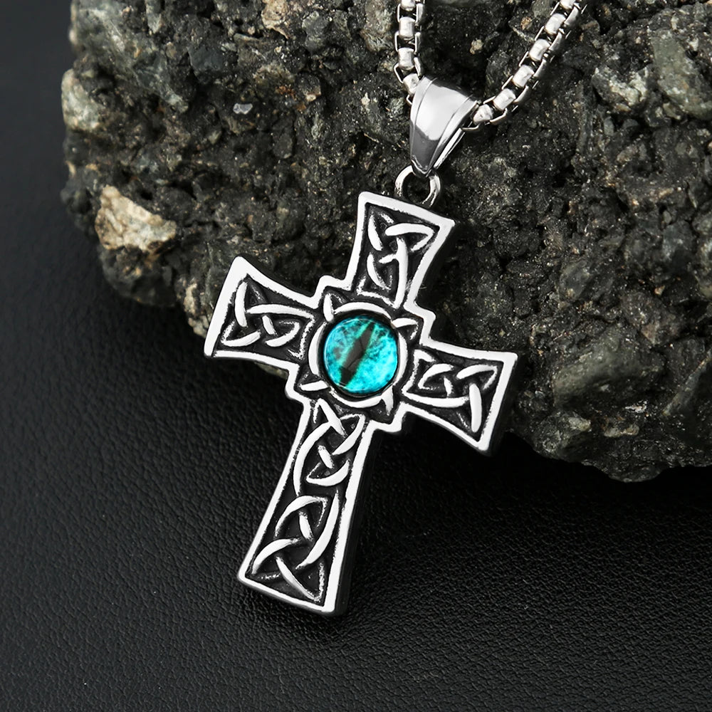 Cross Viking Steel Pendant Blue Eye Stone 316L