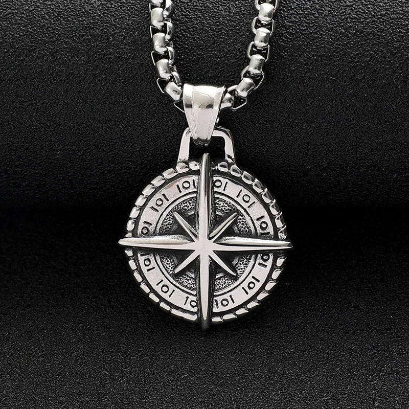 Two-Tone Compass Pendant Necklace Retro Statement