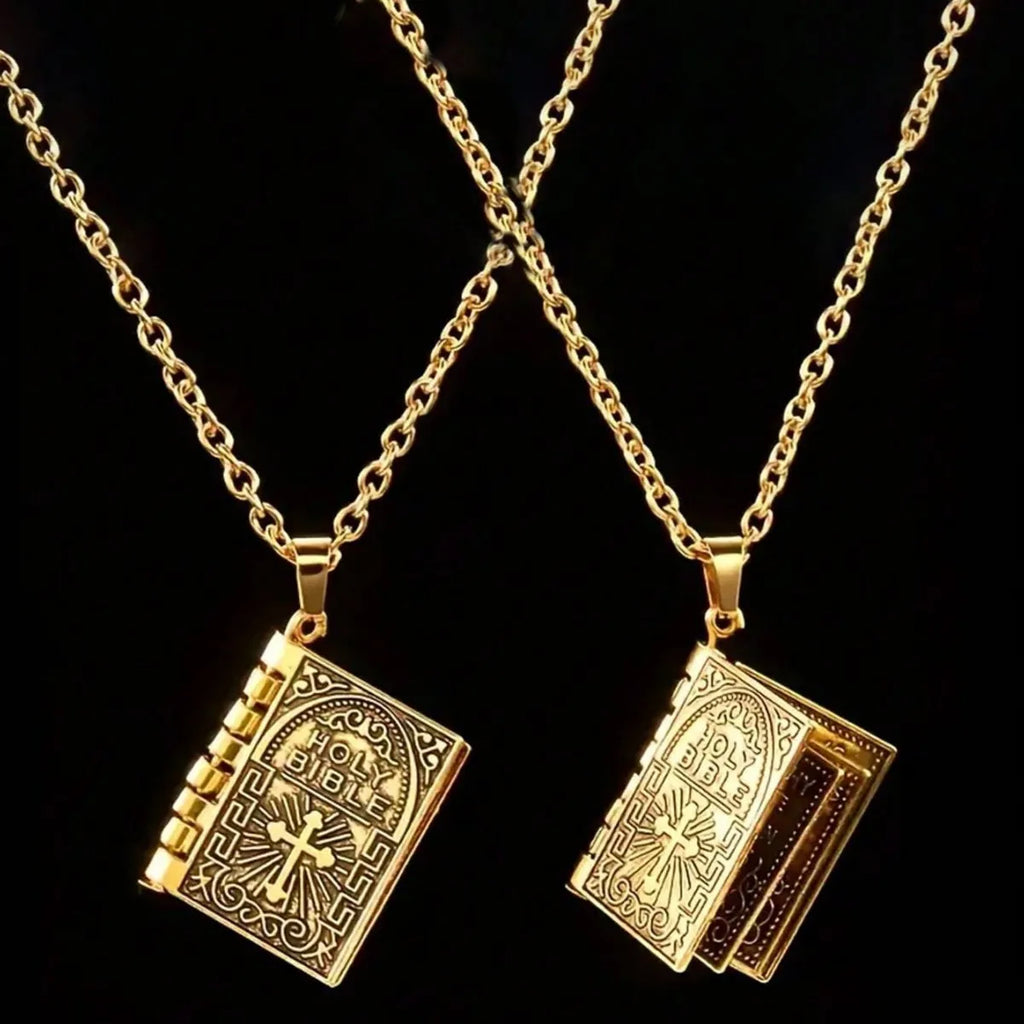 1pc Fashion Polished Alloy Bible Book Design Pendant Necklace For Men And Women Vintage Flipped Bible Necklace Gifts For Friend