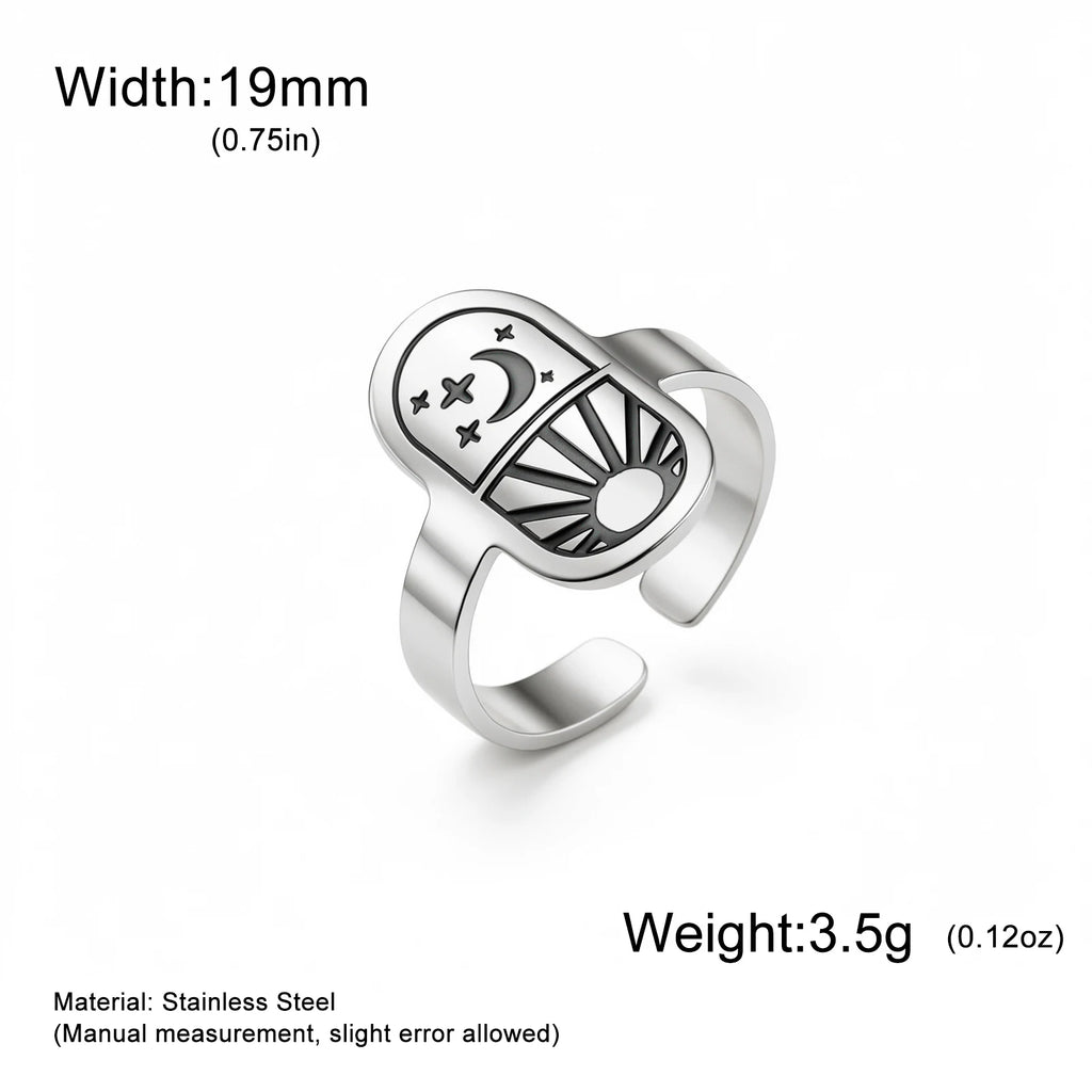 Sun Moon Star Adjustable Ring Vintage Celestial Tarot Signet Ring Stainless Steel Statement Open Ring Wiccan Spiritual