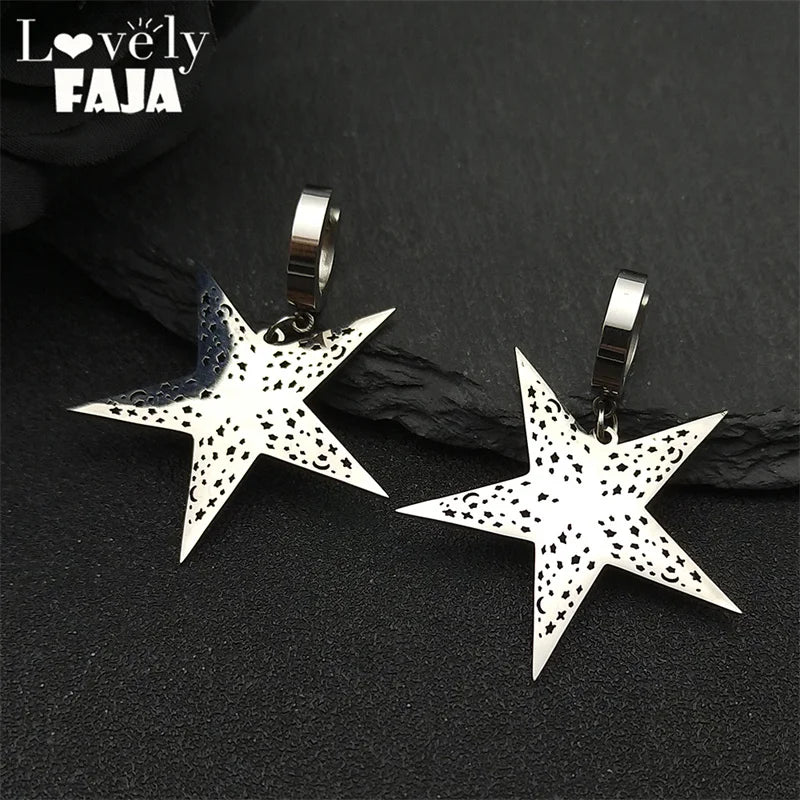 Gothic Star Silver Earrings Pentagram Hollow Hoop