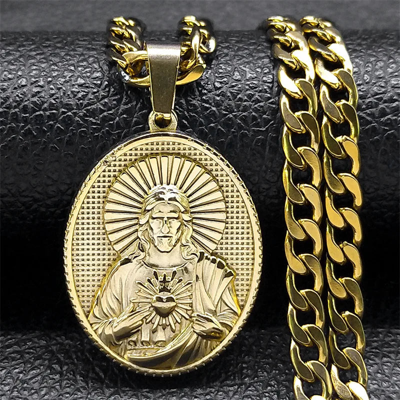 Circular 3D Relief Pendant Necklace — Gold-Tone Stainless Steel