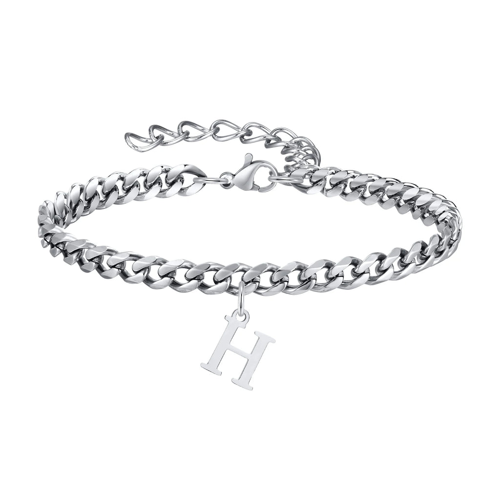 Vnox A-Z Initial Bracelets for Men Women, Never Fade Silver Color Stainless Steel Cuban Chain Bracelet with 26 Letter