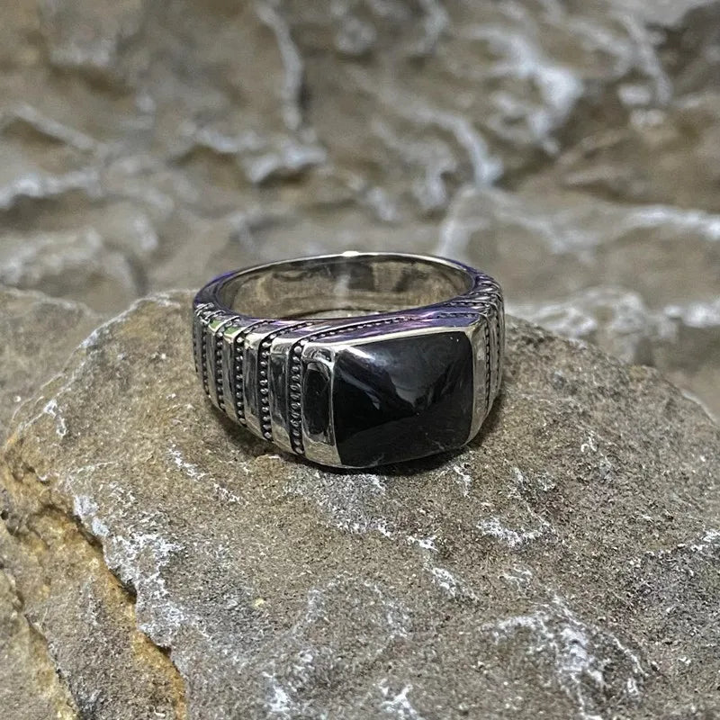 Square Simple Ring Stainless Steel Black Epoxy Vintage Men Ring Geometric Gift Fashion Women Unisex Punk Metal Jewelry