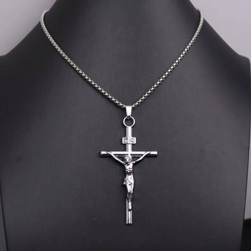 Jesus Crucifix Rhinestone Cross Necklace — Stainless Steel