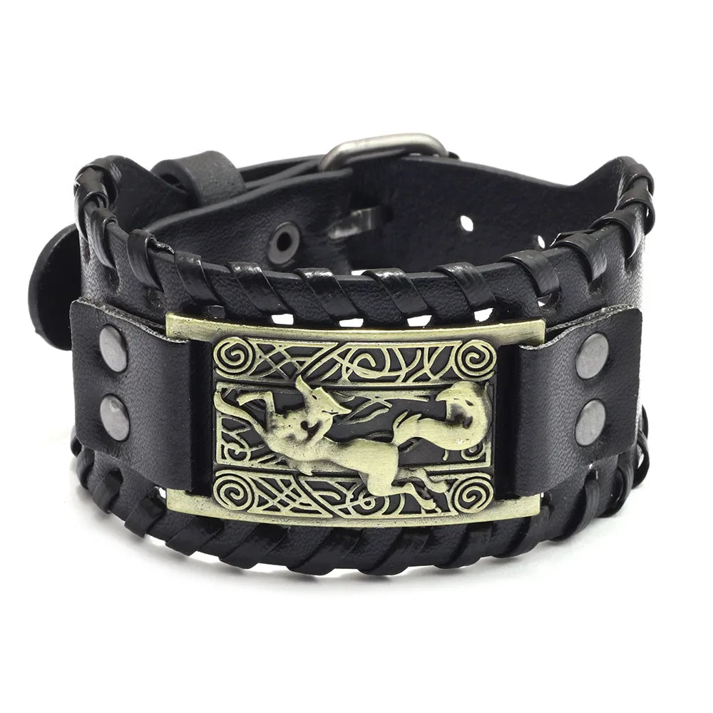 Nordic Viking Symbol Fox Pattern Bracelet Men's New Fashion Metal Leather Woven Jewelry Animal Accessories Party Gift