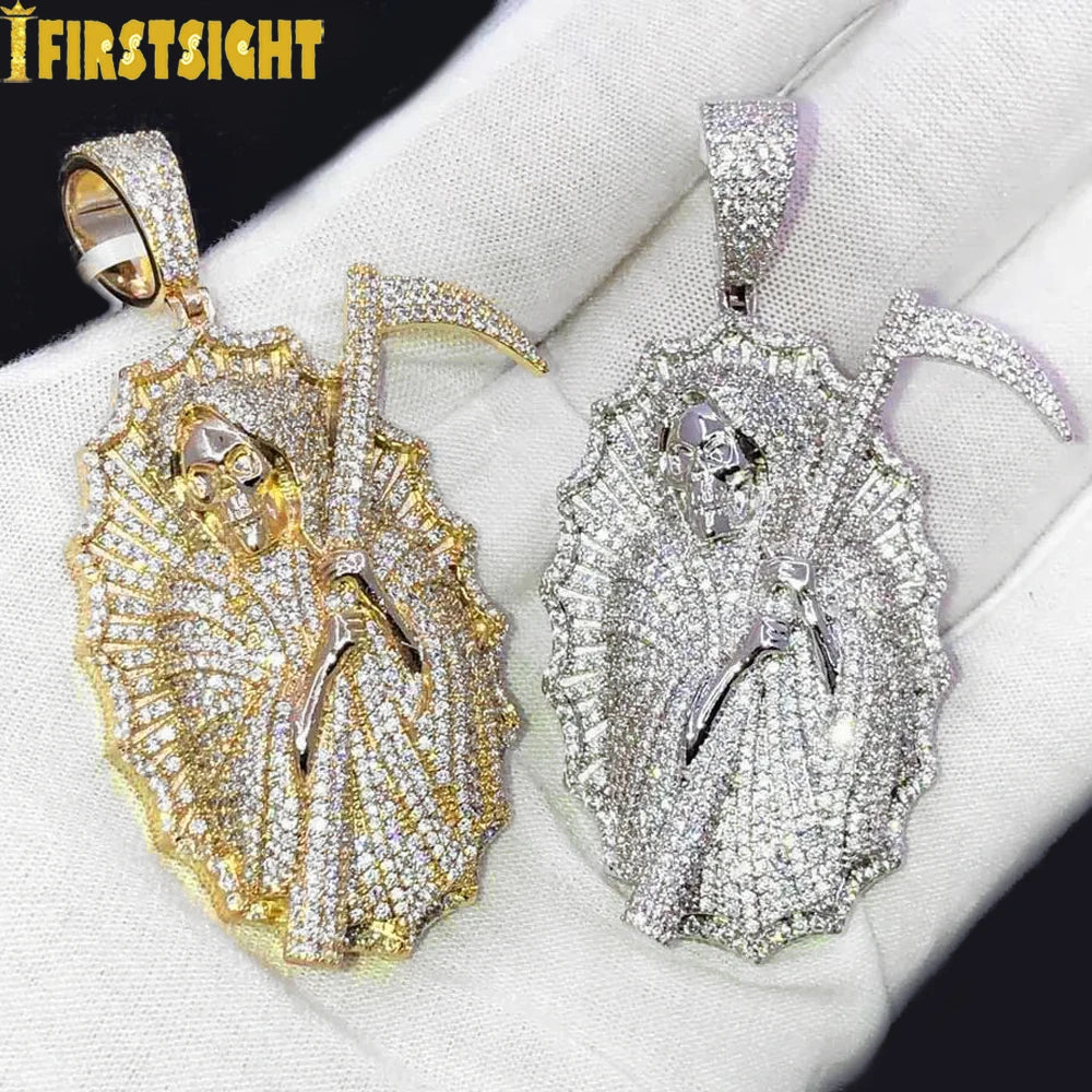 2023 New Grim Reaper Death Pendant Necklace Iced Out Bling Gold Color CZ The King Of Terrors Charm Men Women Hip Hop