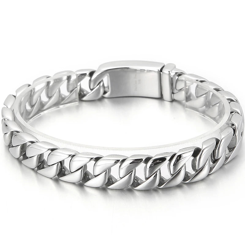 Man Bracelet Homme 12MM Wide Stainless Steel Curb Chain Charm Bracelets On Hand Bands for Men Vintage Mens Jewellery