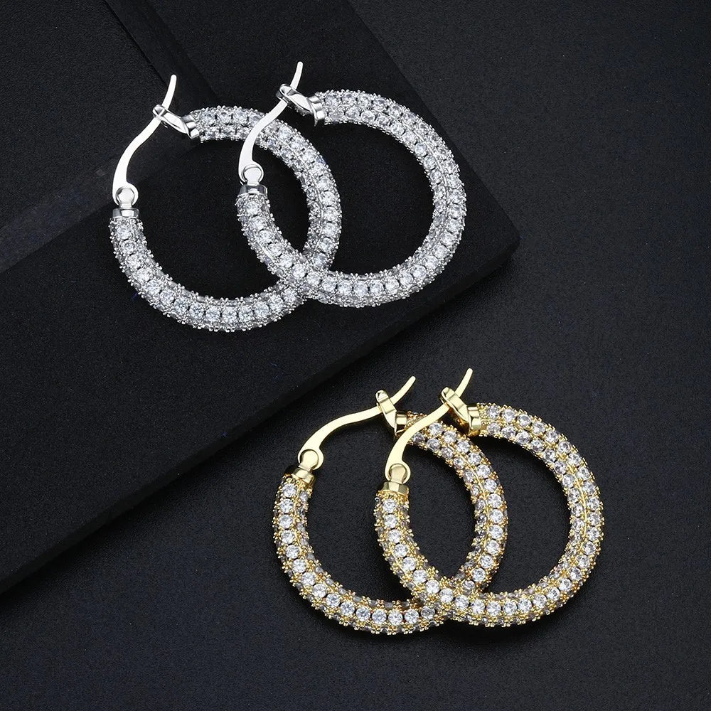 Two-Tone Iced Out Hoop Earrings CZ Silver Gold